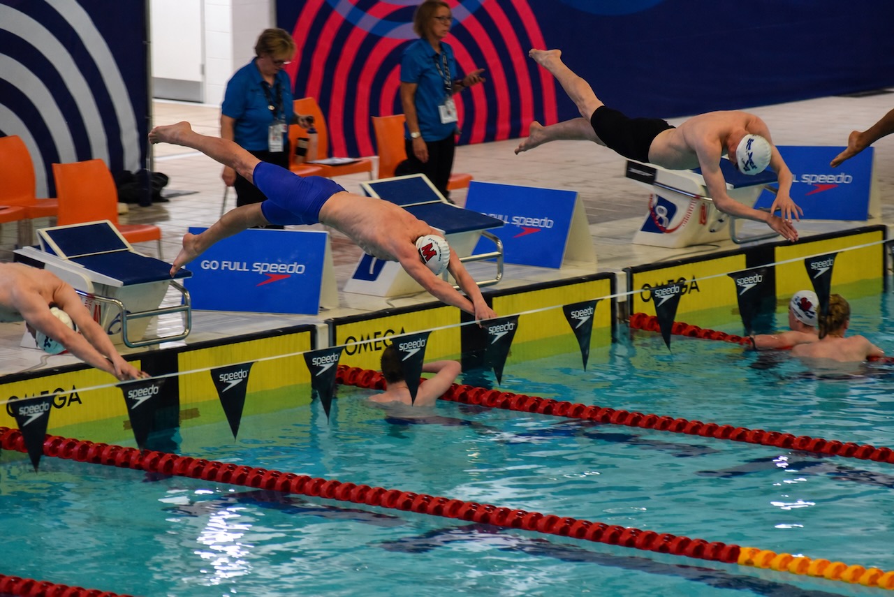 Swimmers diving from the starting blocks at a gala
